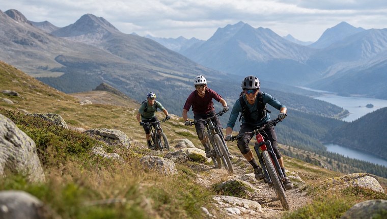 Mountain bikers riding an alpine trail in Engadin